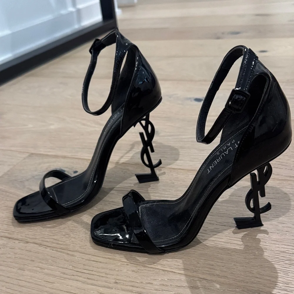 Saint Laurent Black Patent YSL Sculptural-Heel Sandals - Picture 8 of 8